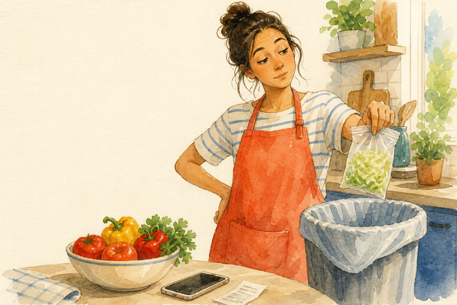 Discarding recalled lettuce and sanitizing the containers it touched — watercolor illustration