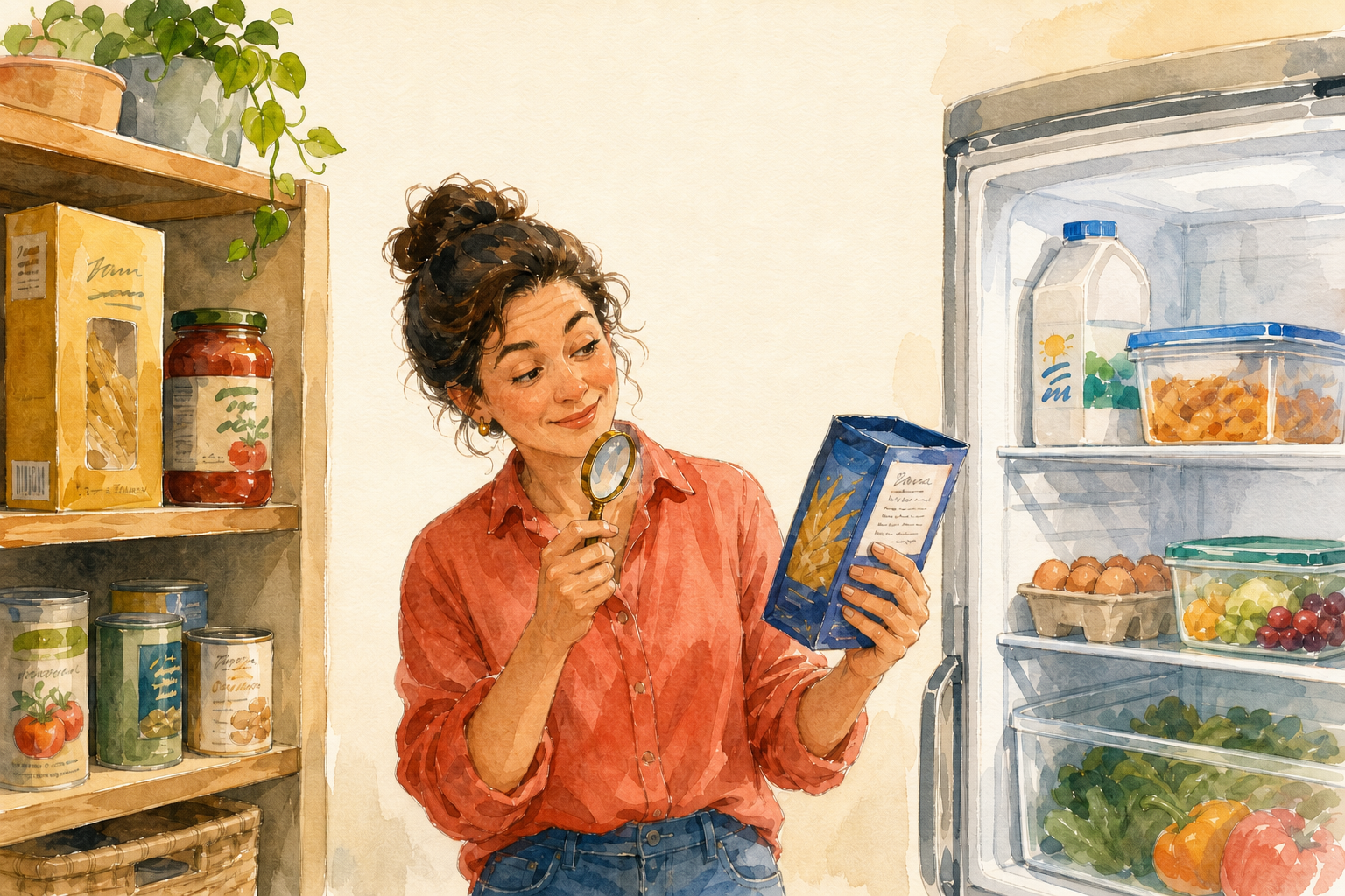 A woman inspects the a food package for relevant dates 
